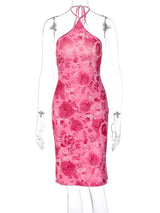 Rose Halter Lace Up Midi Dress