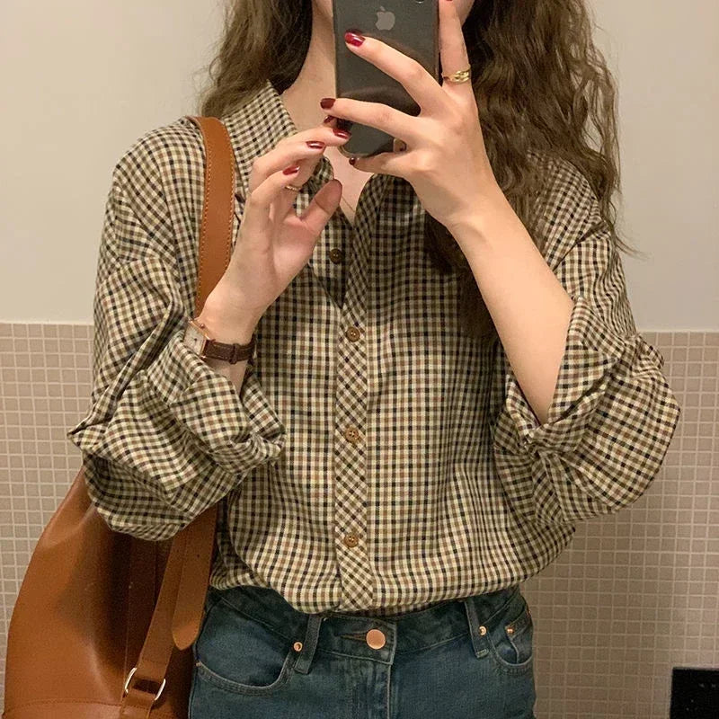 Women Retro Turn-down Collar Plaid Shirt