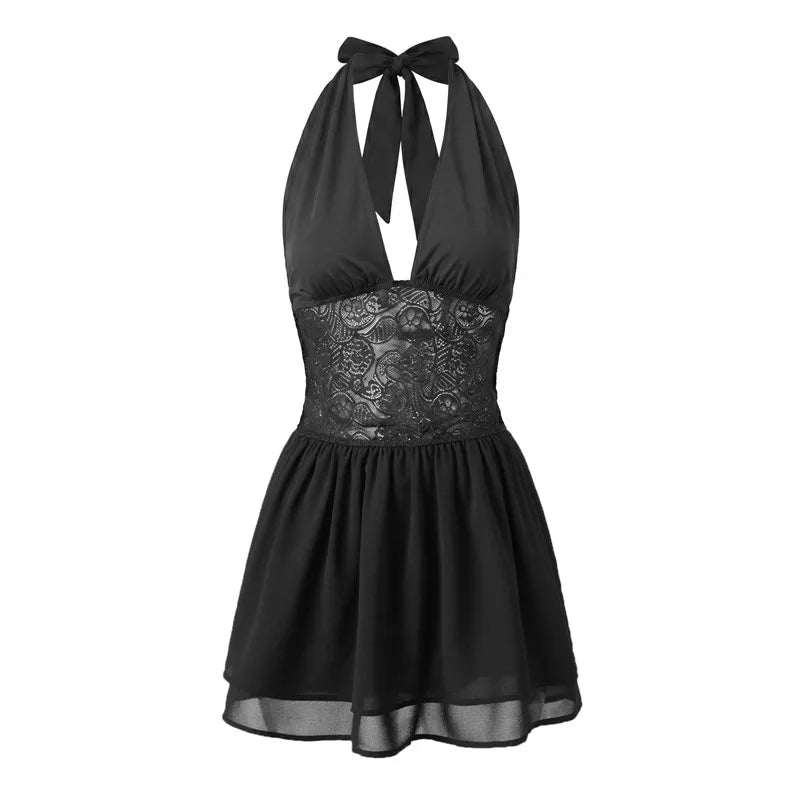 Lace Waist Halter Neck Mini Dress