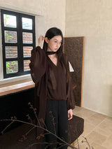 Brown Chiffon long Sleeve Ribbon Blouse