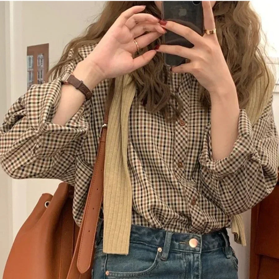 Women Retro Turn-down Collar Plaid Shirt