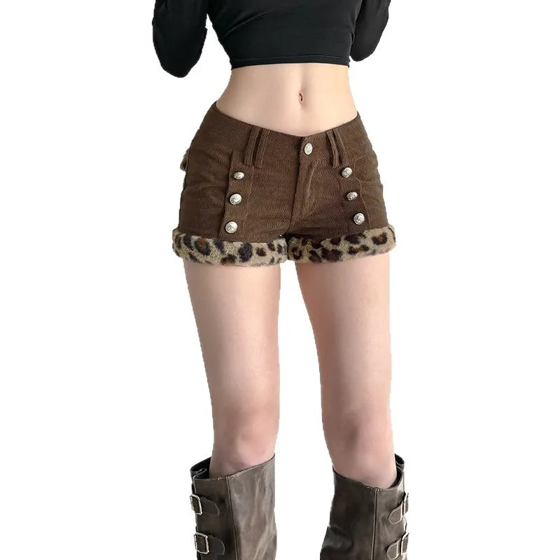 Y2K Baddie Leopard Corduroy Brown Shorts