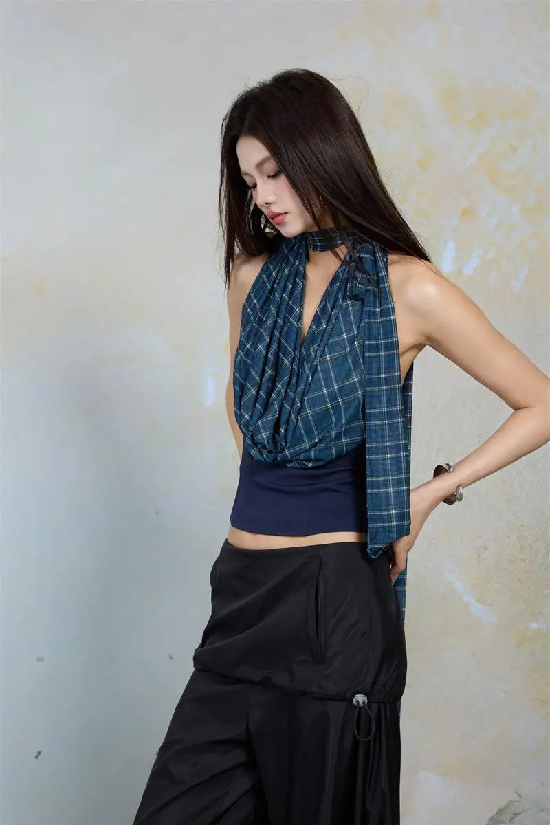 Korean Sleeveless V-neck Plaid Tank Top