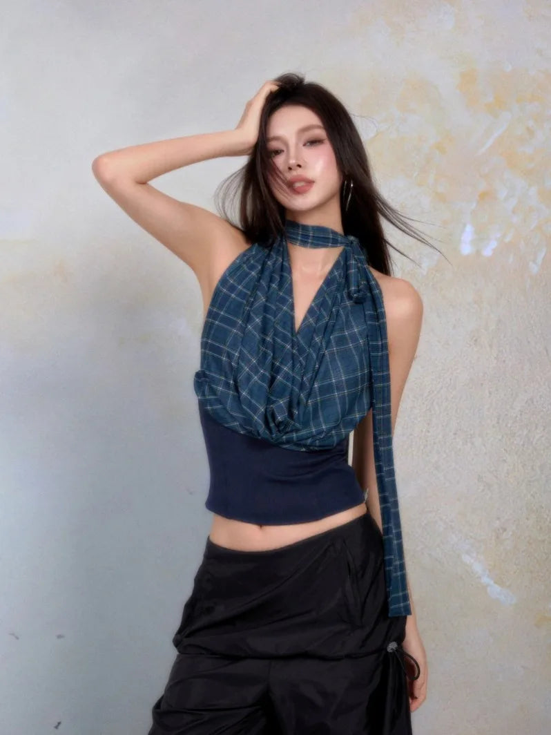 Korean Sleeveless V-neck Plaid Tank Top