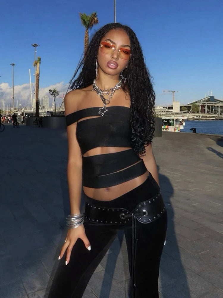 Y2k Hollow Out Edgy Black Crop Top