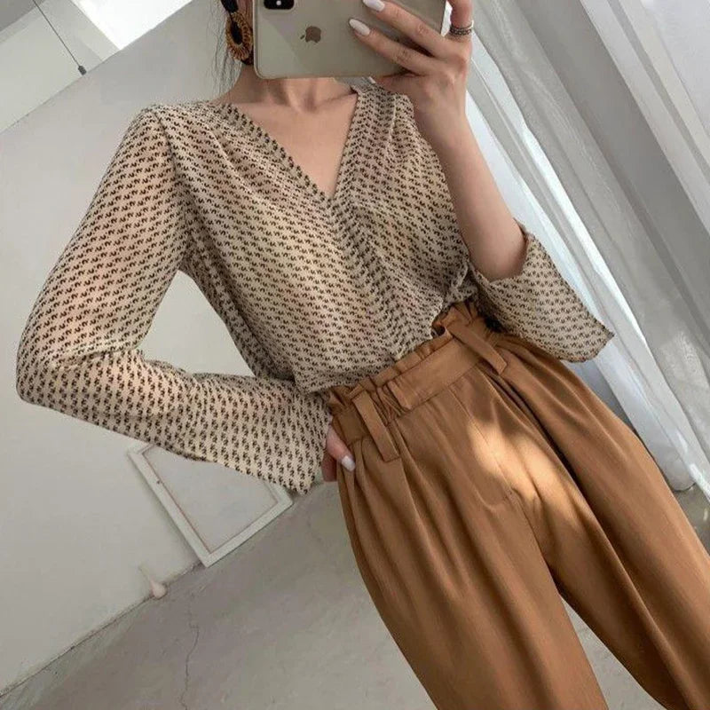 Elegant V-Neck Print Blouses Womens Shirt