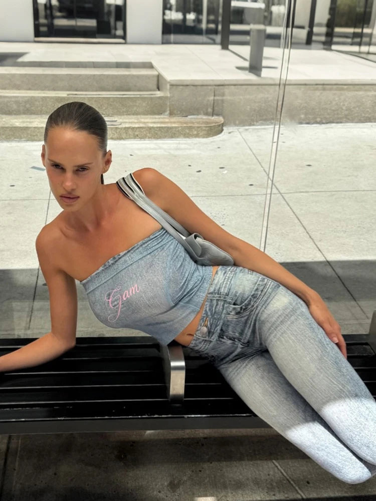 Y2K Tube Top & Capri Denim Set