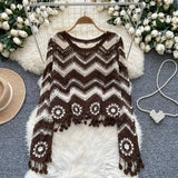 Handmade Knitted V-Neck Wavy Striped Crochet Sweater