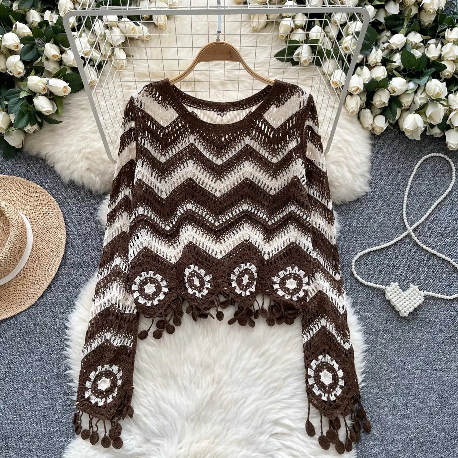 Handmade Knitted V-Neck Wavy Striped Crochet Sweater