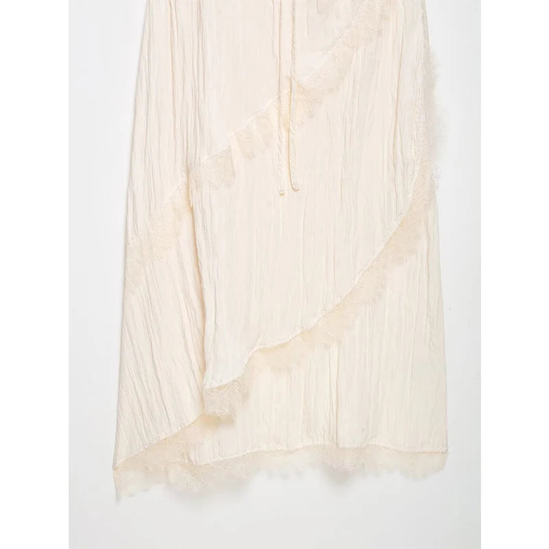 Beige Romantic Crinkled Wrap Slip Dress