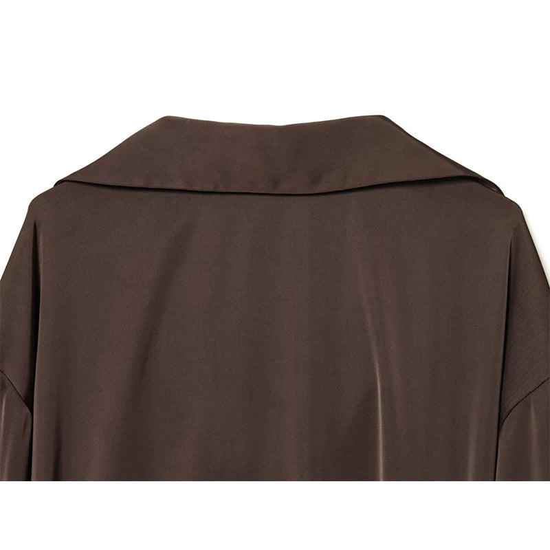 Women Elegant With Belt Satin Brown Shirt