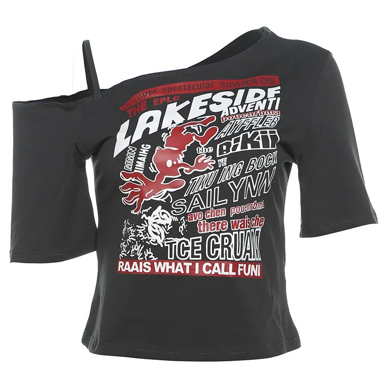 T-Shirt mit Buchstaben-Print, schulterfrei, Gothic
