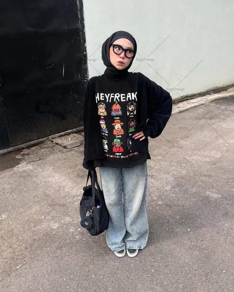 Camiseta Negra Suelta con Estampado de Dibujos Animados Casual