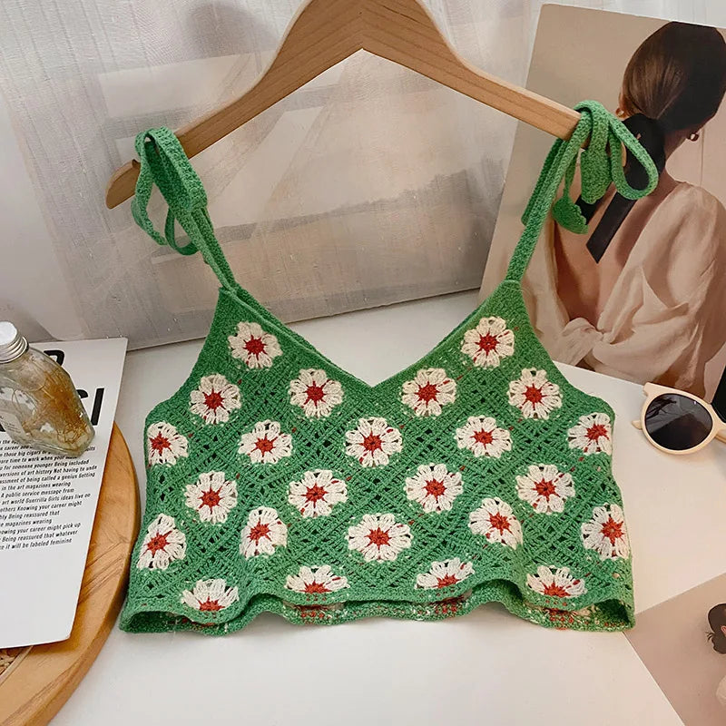 Vintage Floral Crochet Top with Tie Shoulder Strap