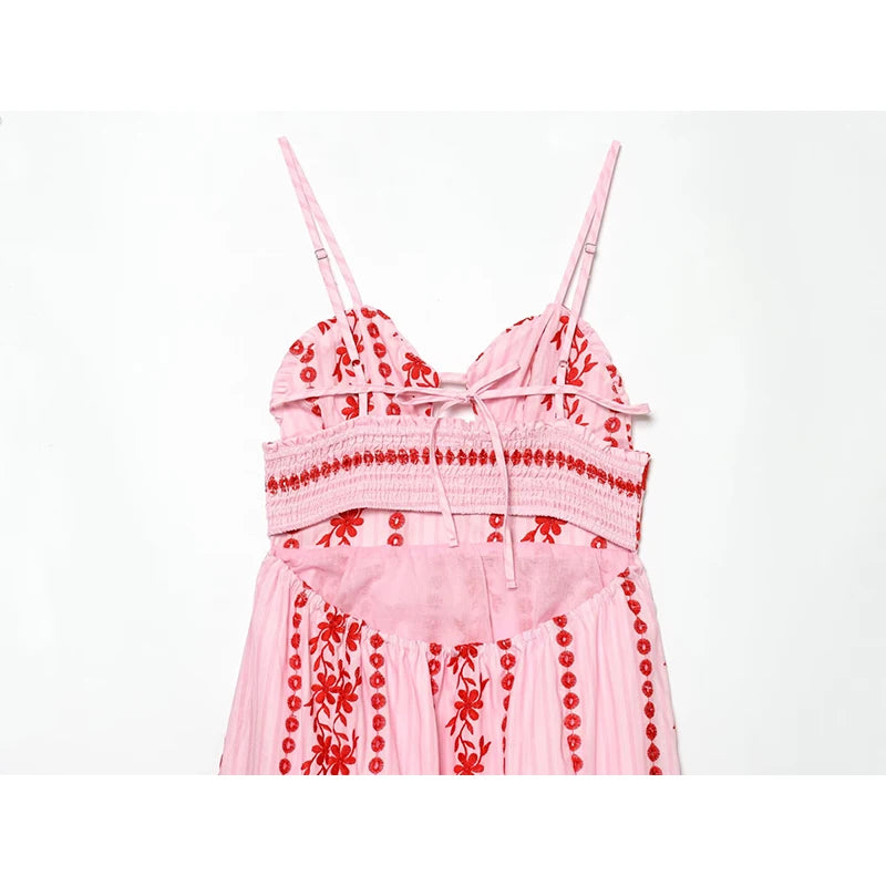Pink Floral Embroidery Hollow Out Midi Dress