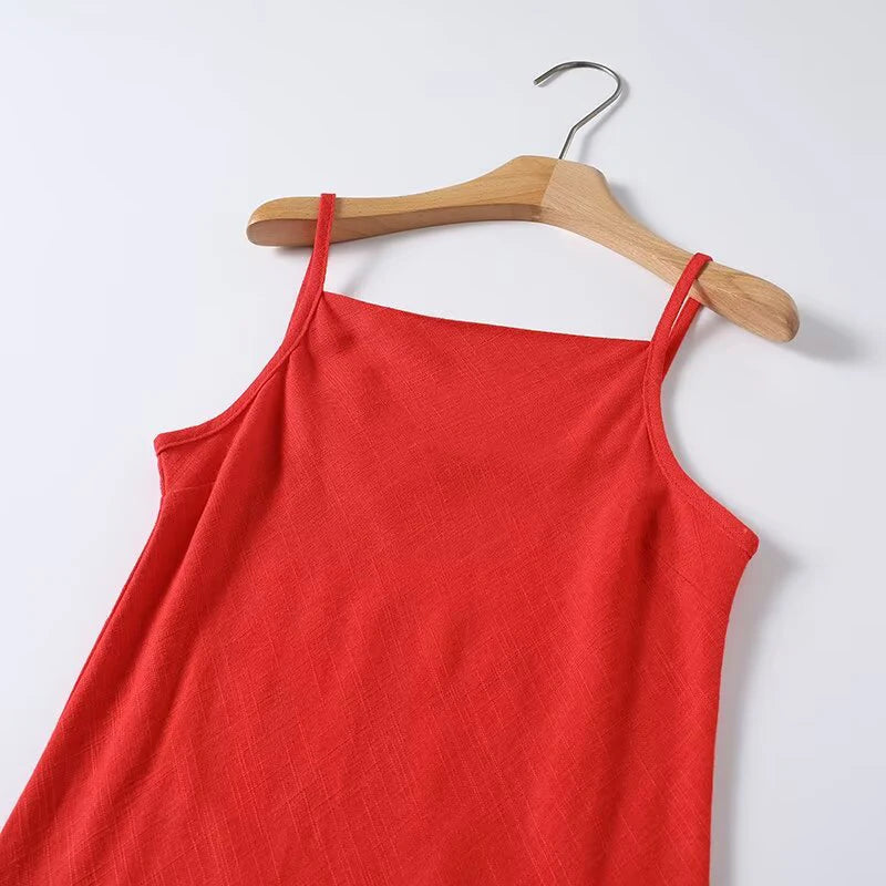 Sexy Red Spaghetti Strap Linen Maxi Dress