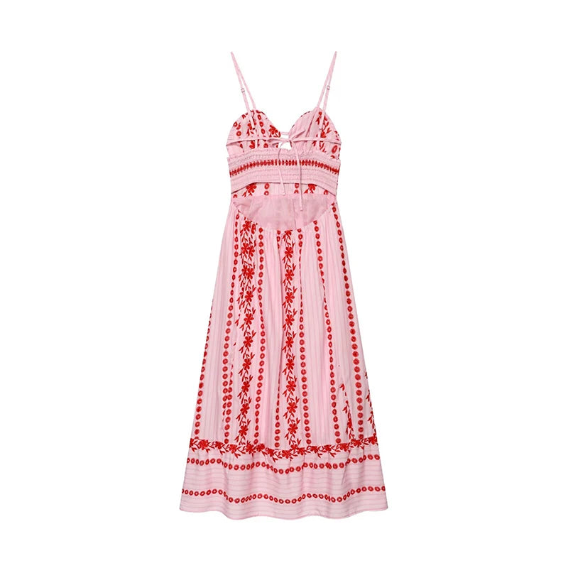 Pink Floral Embroidery Hollow Out Midi Dress