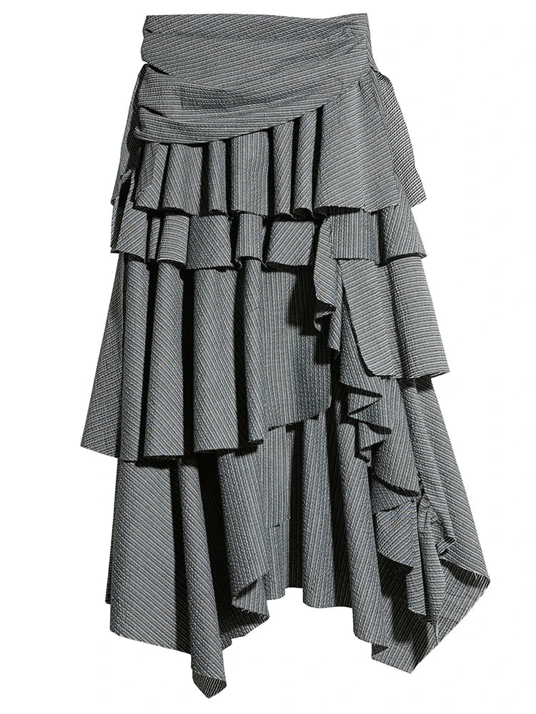 Elegant Grey Striped Ruffled Tiered Skirt