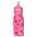 Rose Halter Lace Up Midi Dress