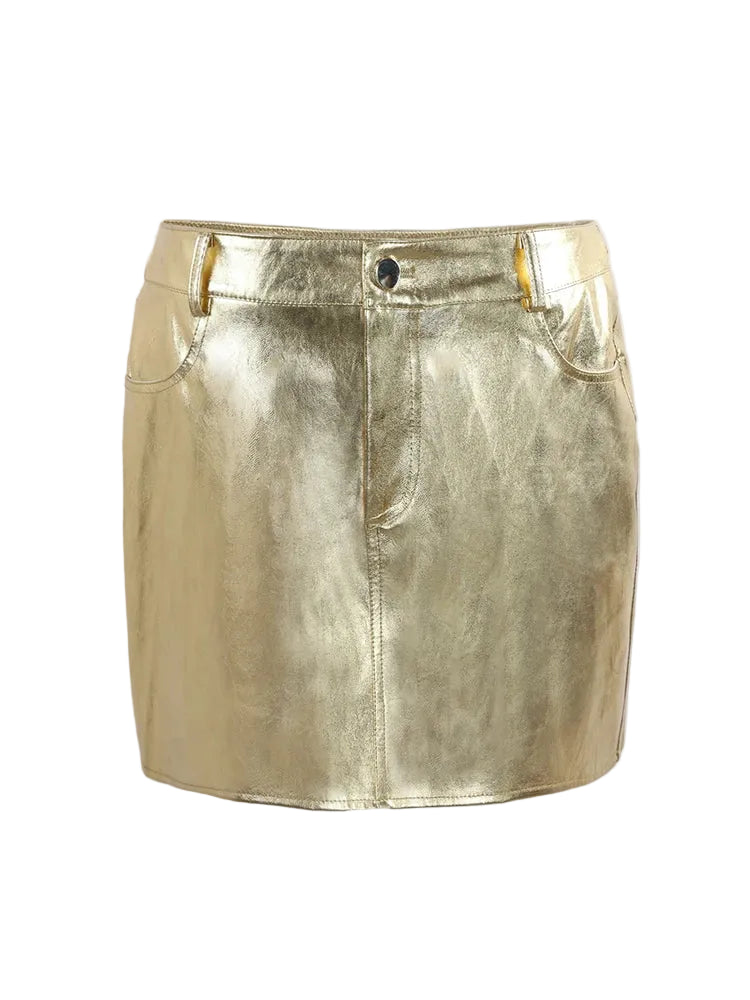 Pink Silver Reflective Shiny Leather Mini Skirts