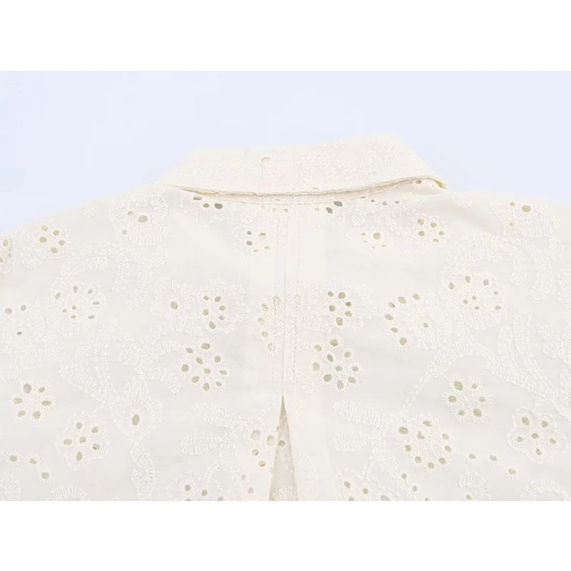 Fashion Hollow Out Embroidery Women Shirt