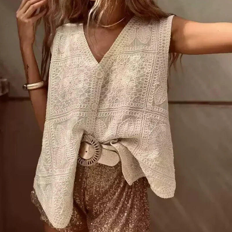 Casual Vacation Loose Solid Vintage Vest Crochet Handmade