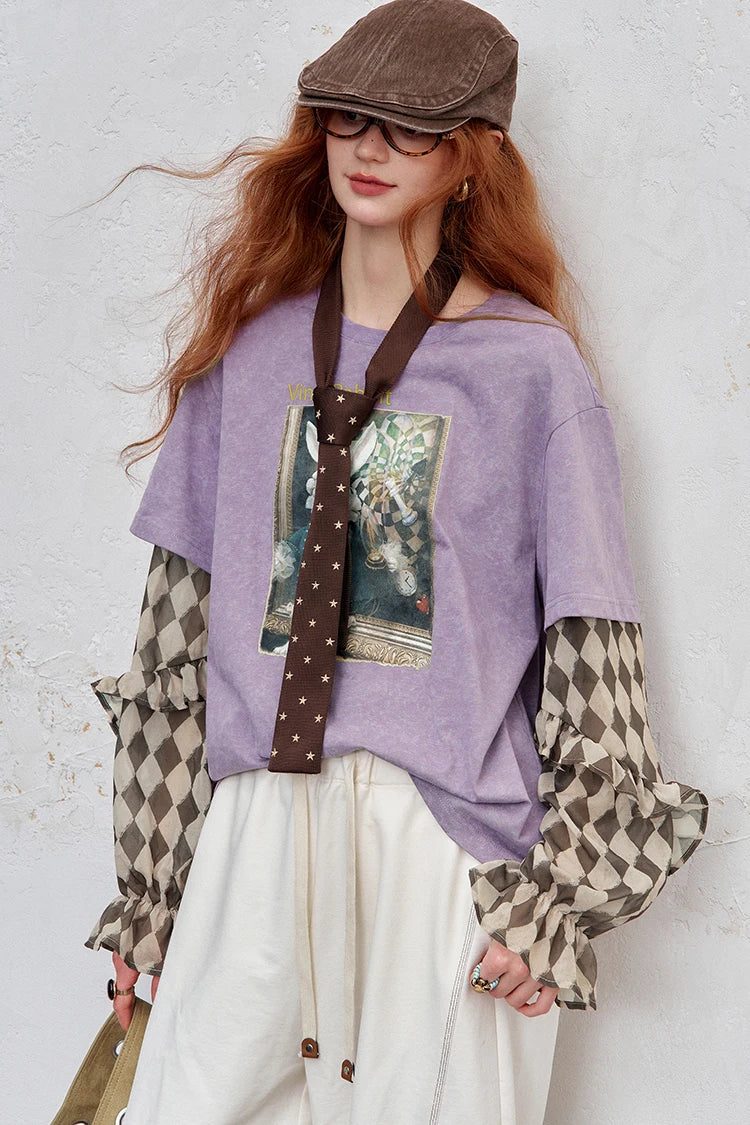 Round Neck Checkered Sleeves T-shirt