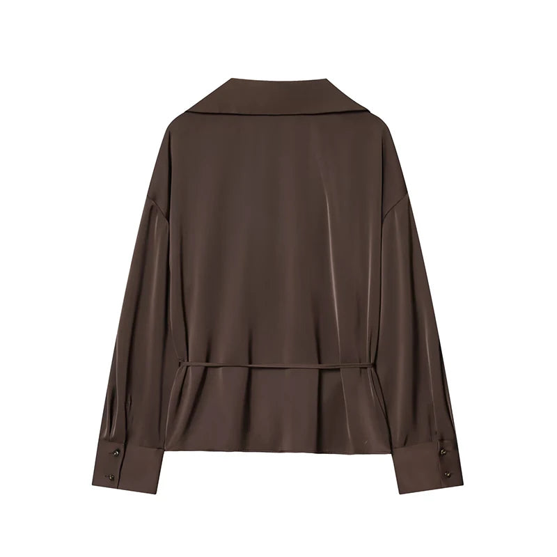 Women Elegant With Belt Satin Brown Shirt