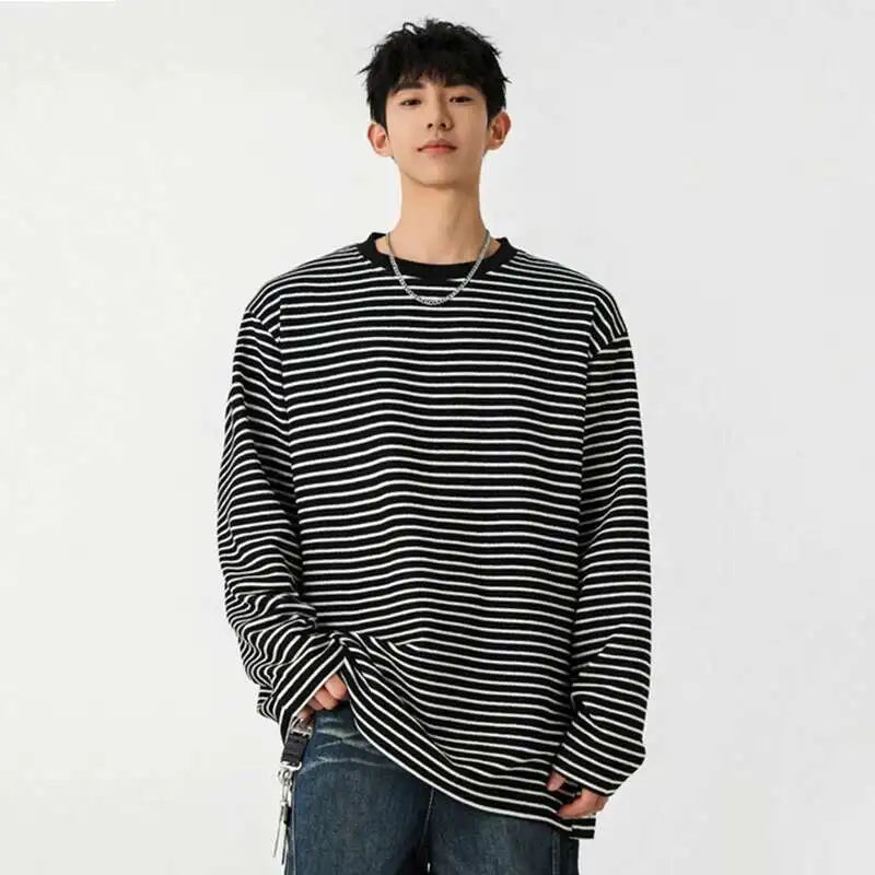 Korean Spring Striped Round Collar Casual T-Shirt