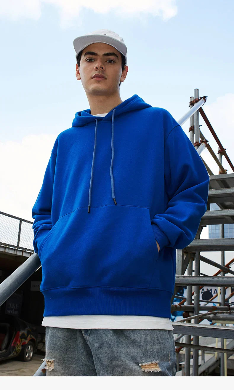 Blue Solid Color Autumn Hoodie