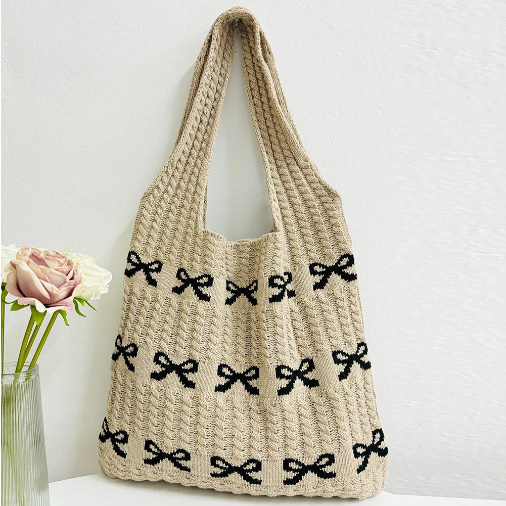 Bow Pattern Knitted Crochet Tote Bag
