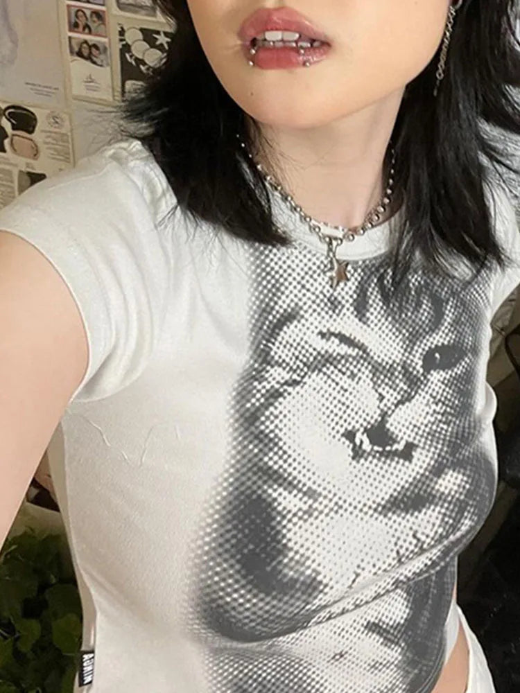 Y2K Vintage Animal Print White Crop Top