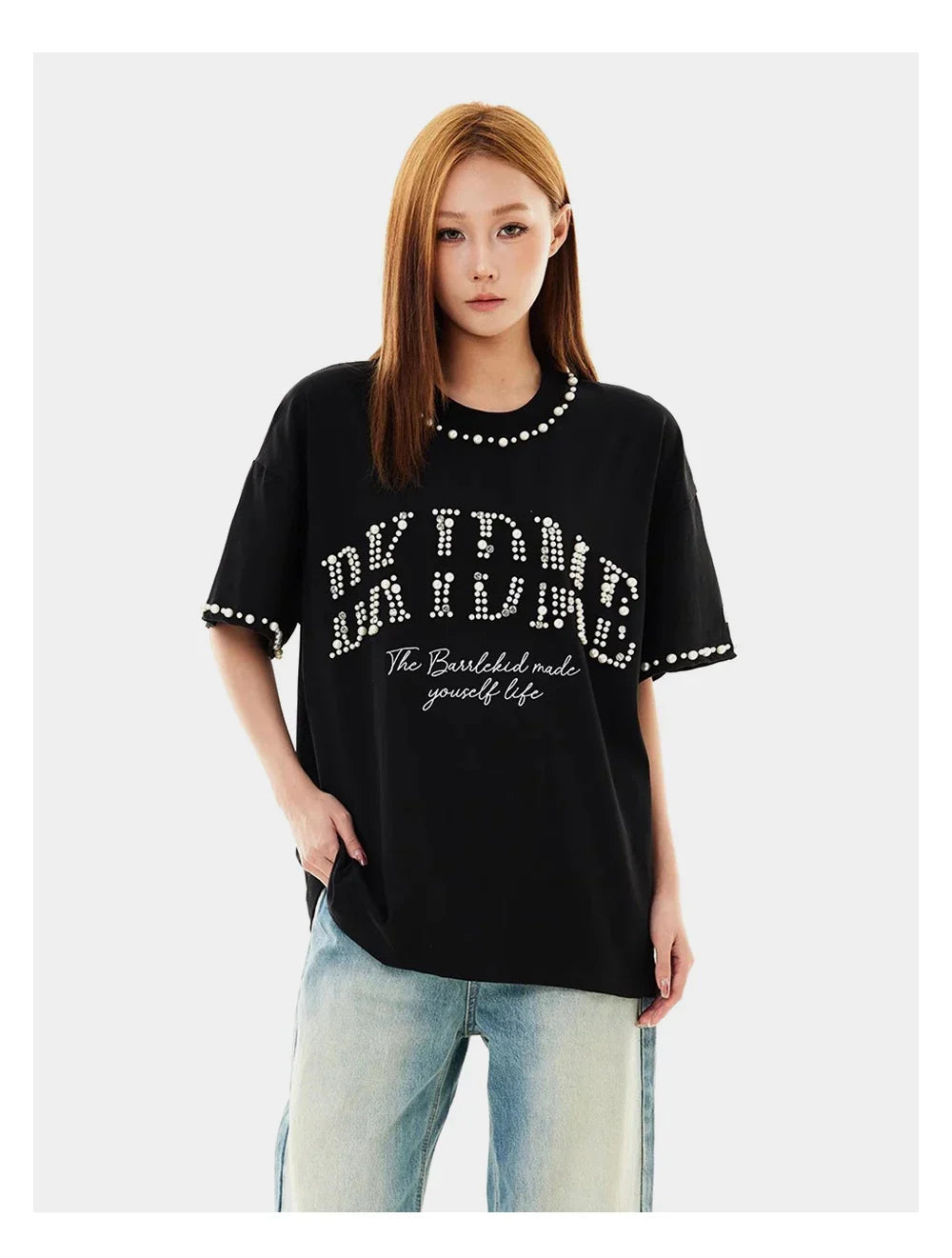 Embroidered Beading Crew Neck Short T-Shirt