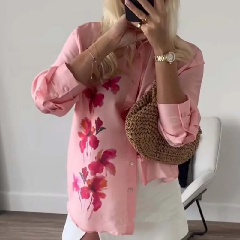 Floral Print Pink Satin Shirt