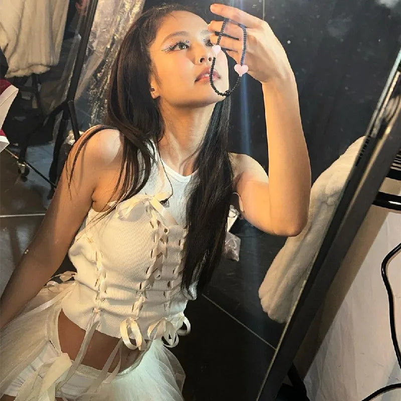 Coquette White Lace-Up Tank Top