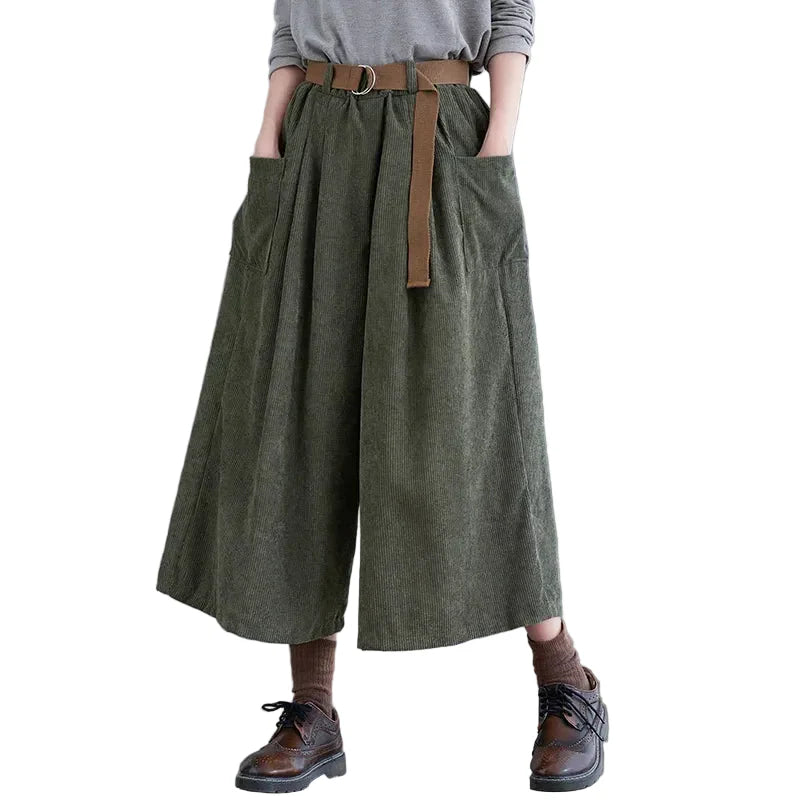 Pantalones Anchos a Media Pierna de Pana Estilo Coreano