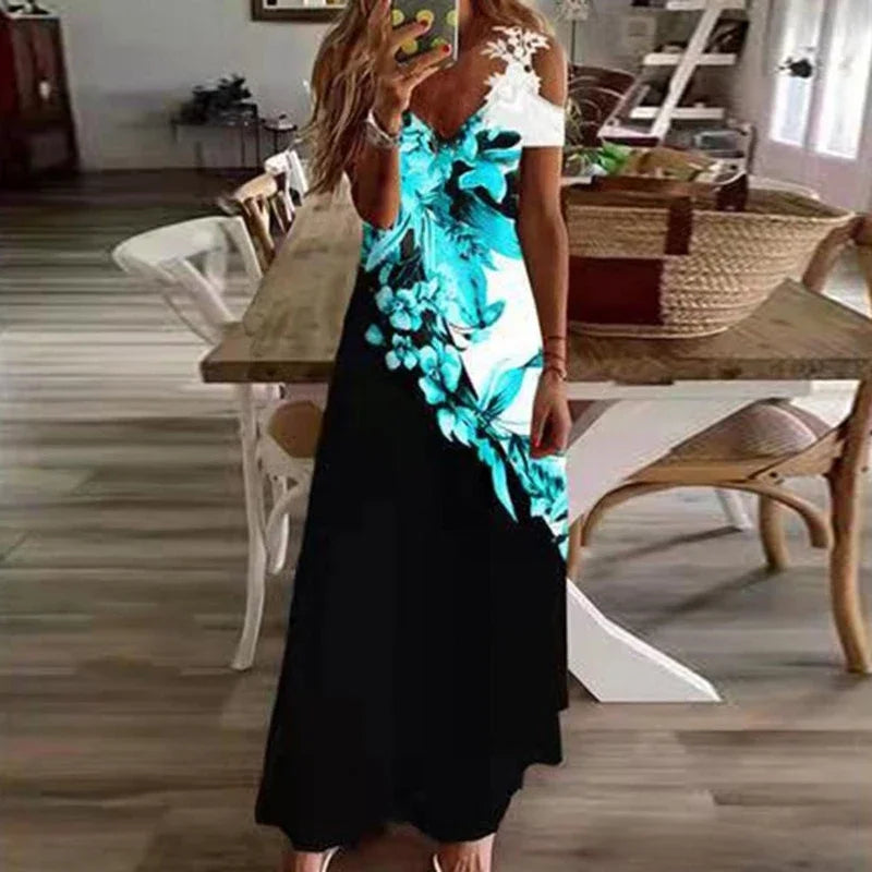 Women's Flower Print Boho White Maxi Dress