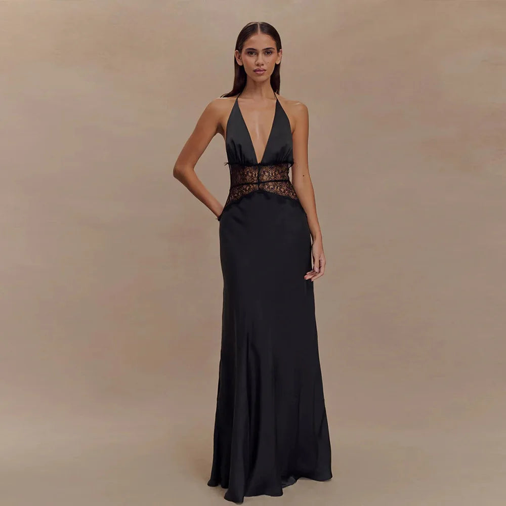 Backless Halter Lace Maxi Dress