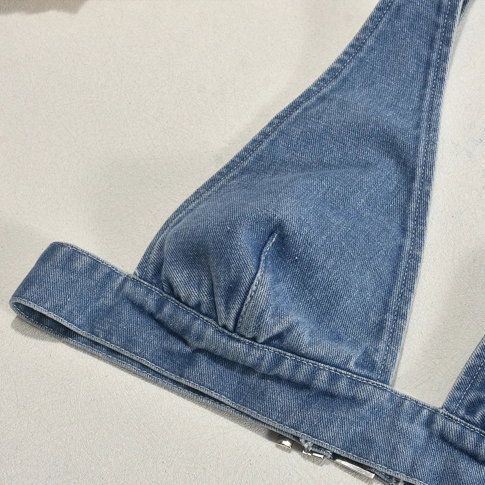 Metal Buckle Deep V-Neck Denim Tank