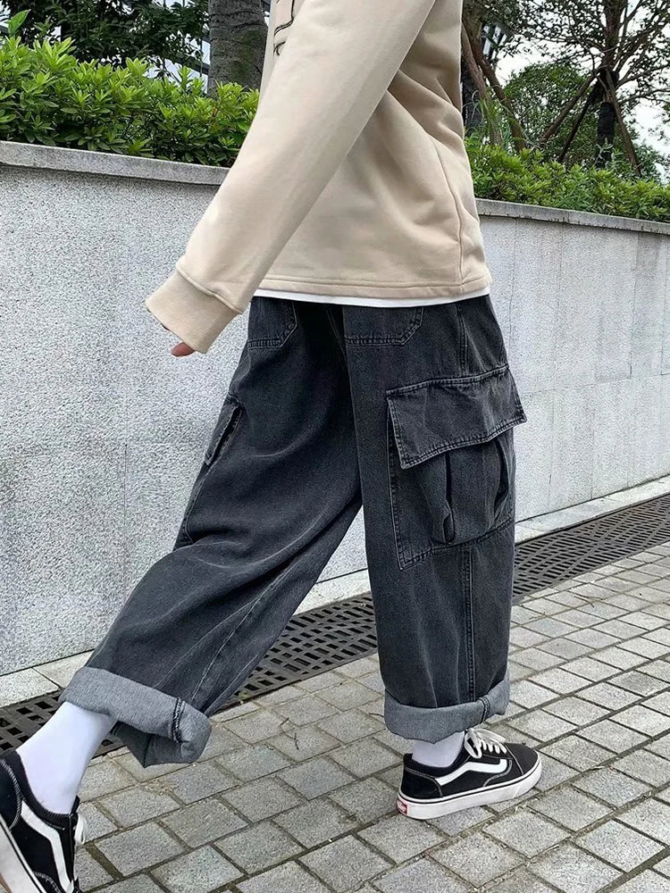 Korean Style Wide Leg Cargo Jeans