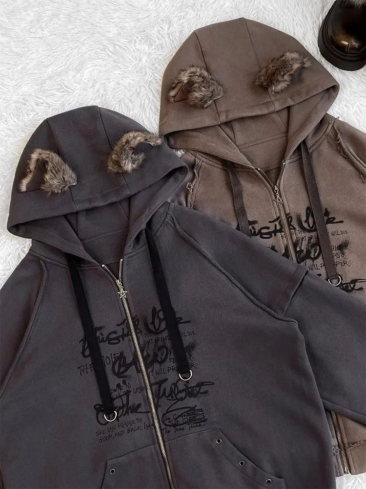 Cute Loose Ears Zipper Hoodie