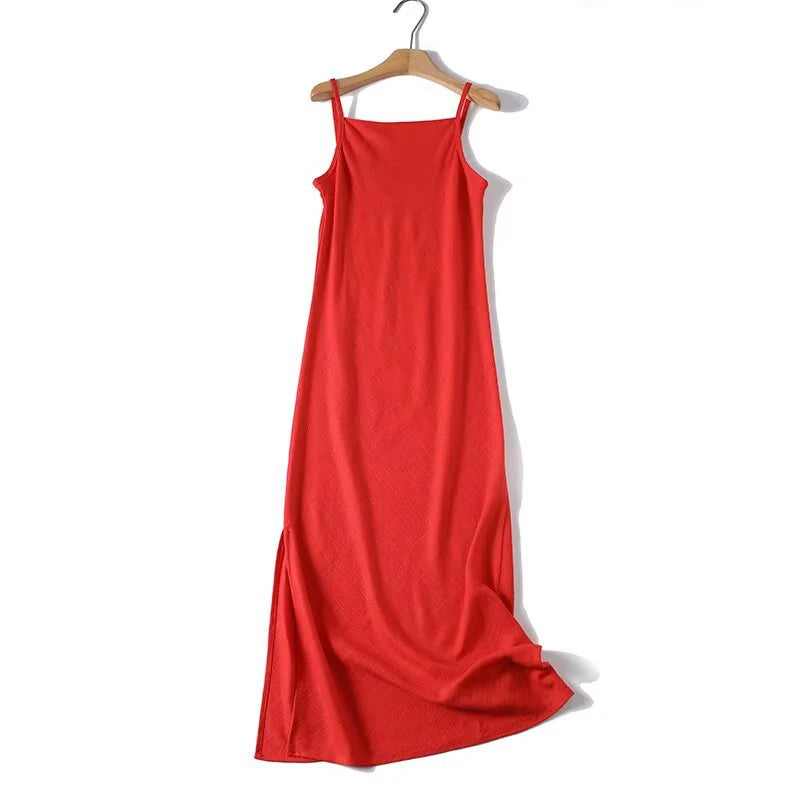 Sexy Red Spaghetti Strap Linen Maxi Dress