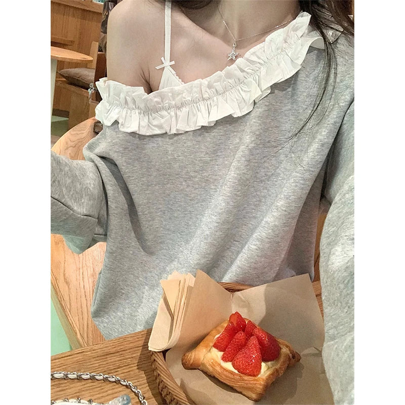 Grey Sexy Skew Collar Sweatshirts