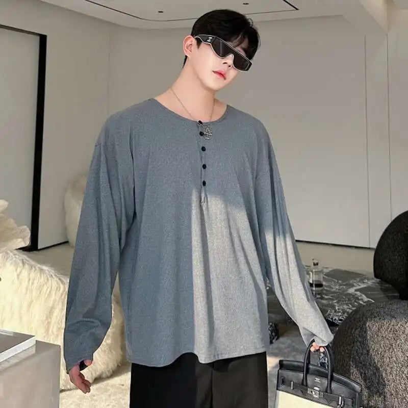 Stylish Korean Round Collar Button T-Shirt
