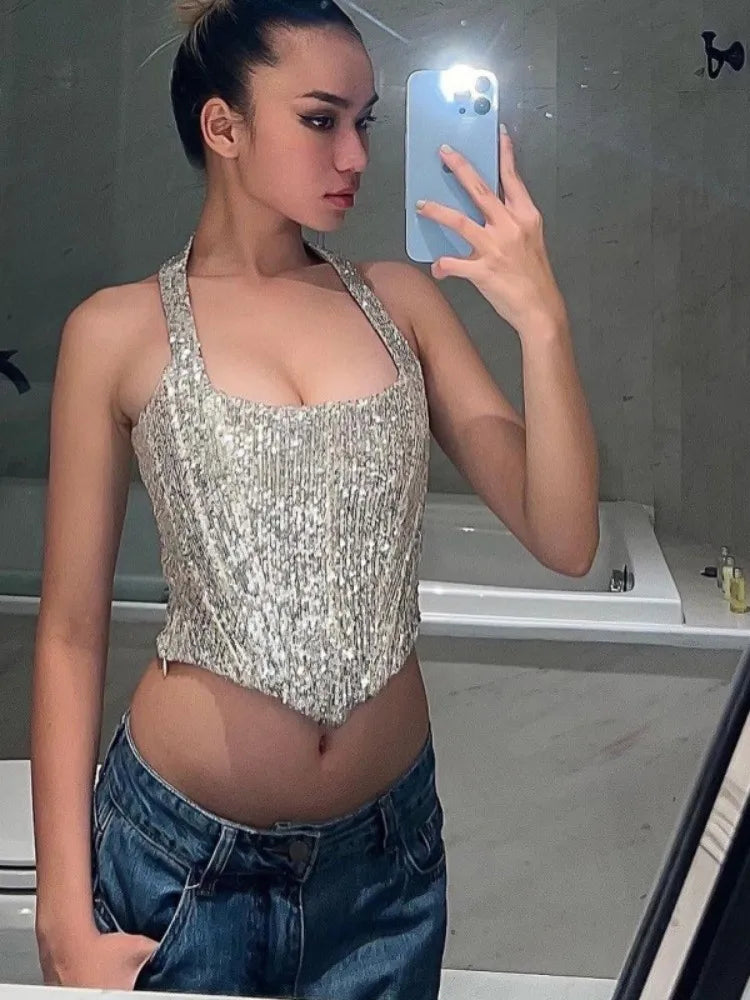 Sequins Hanging Neck Crop Top
