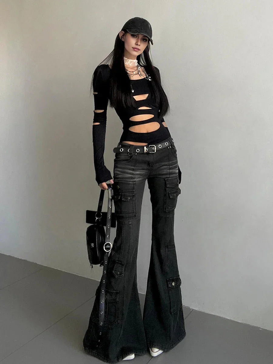 Y2K Black Flare Cargo Jeans