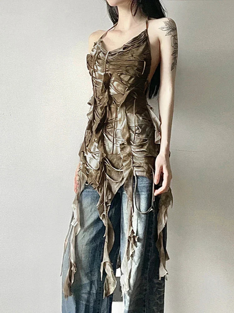 Rusty Grunge Patchwork Tassel Backless Dress