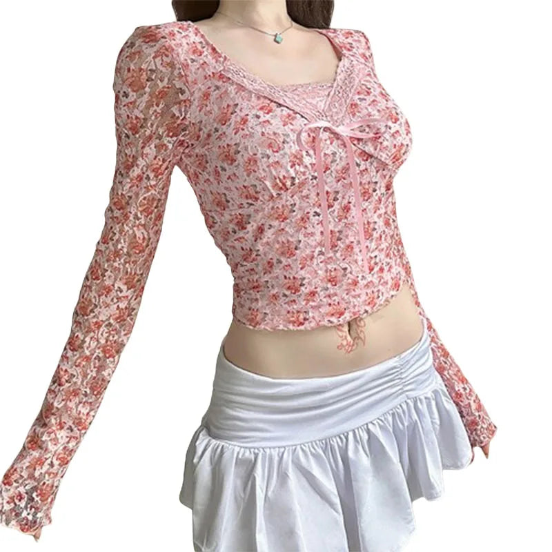 Coquette Floral Print Patchwork Top