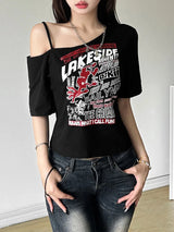 T-Shirt mit Buchstaben-Print, schulterfrei, Gothic