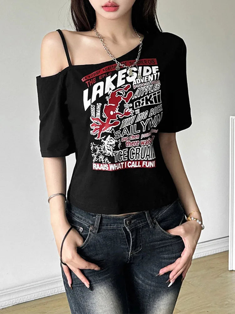 T-Shirt mit Buchstaben-Print, schulterfrei, Gothic